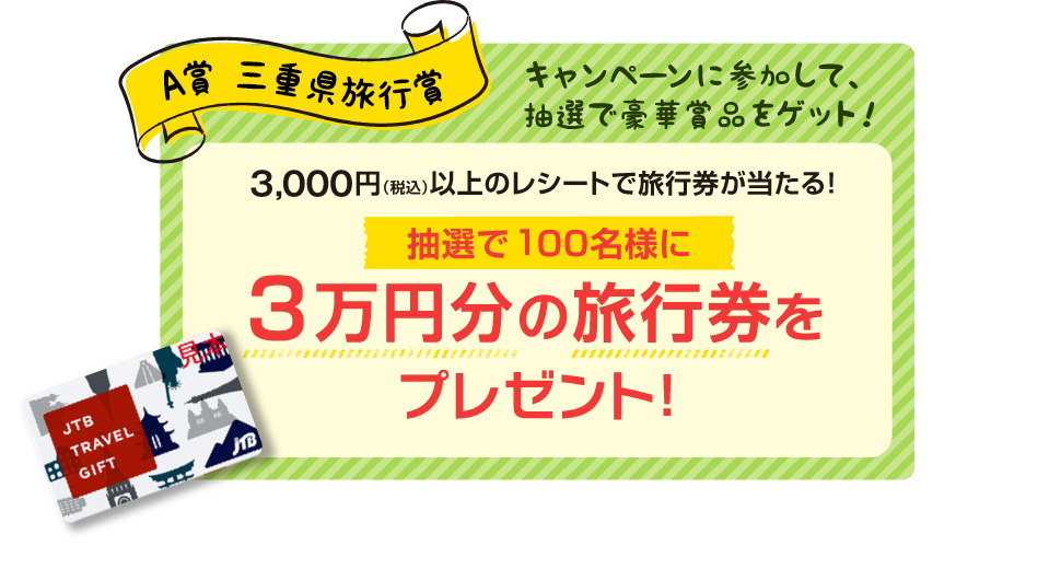 A賞 三重県旅行賞 ３万円分の旅行券プレゼント！（抽選で100名様）