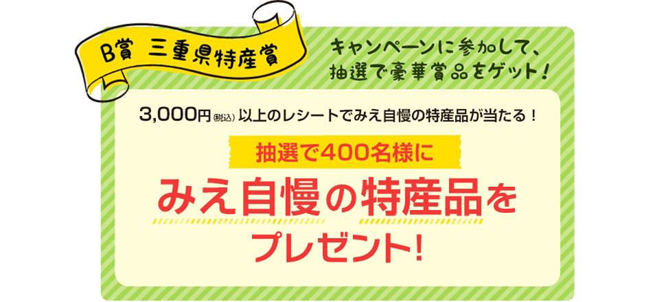 B賞 三重県特産品賞 みえ自慢の特産品プレゼント！ （抽選で400名様）